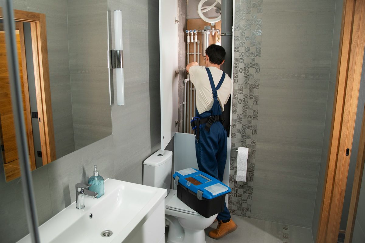 Een loodgieter in werkoverall werkt aan de leidingen achter het toilet in een badkamer
